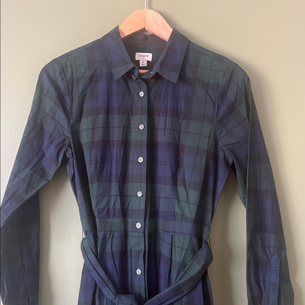J. Crew Blackwatch Navy Black Green Long Sleeve Tie Shirt Dress Tartan Sz 8 - Picture 4 of 9